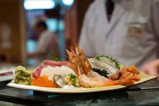 a plate of seafood on a table