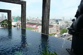 The outdoor rooftop swimming pool