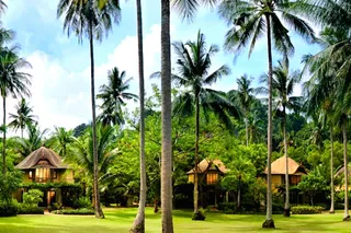 The tropical gardens and circular two-storey pavilions